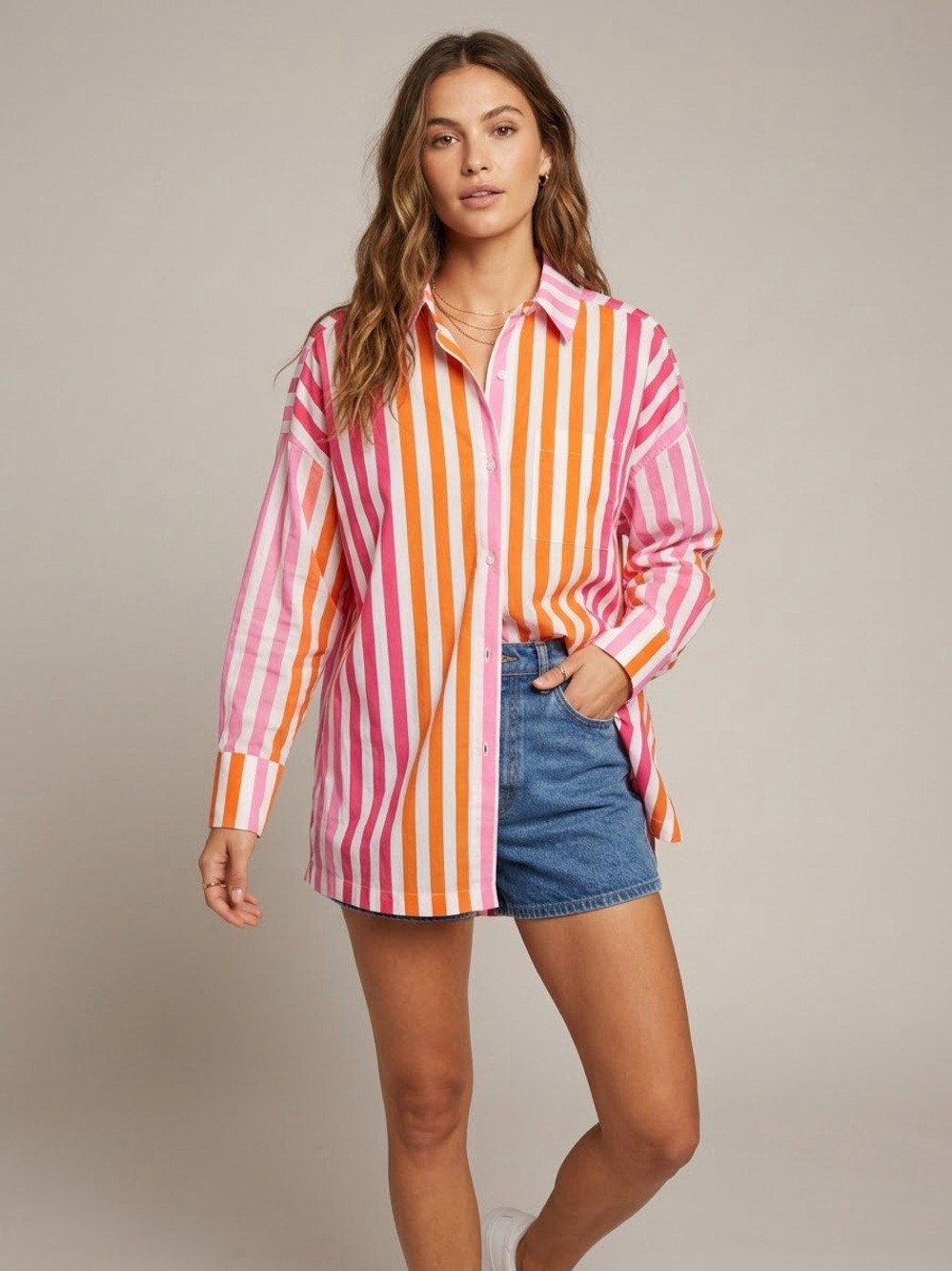 Beach Riot Oversized Vertical Stripe Button Down Shirt Beach Coverup S/M